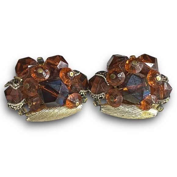 Vintage Classy Gold Toned Brown Garnet Burnt Orange Beaded Crystal Cluster Clip - Picture 6 of 7